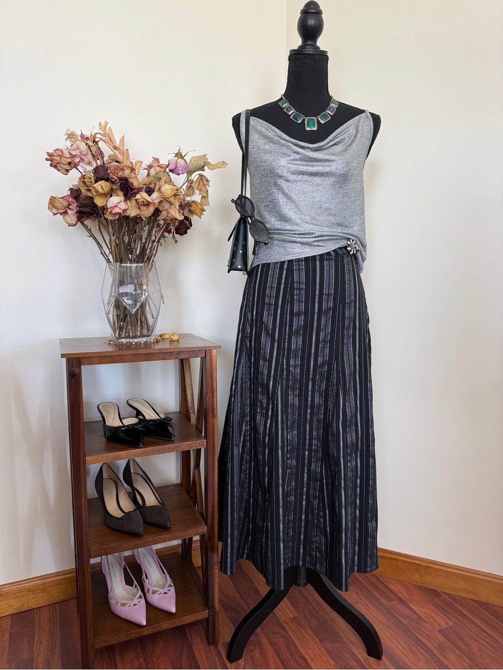 Whimsygoth Office Siren Black & Silver Striped Skirt | Sz. US 8/UK 12
